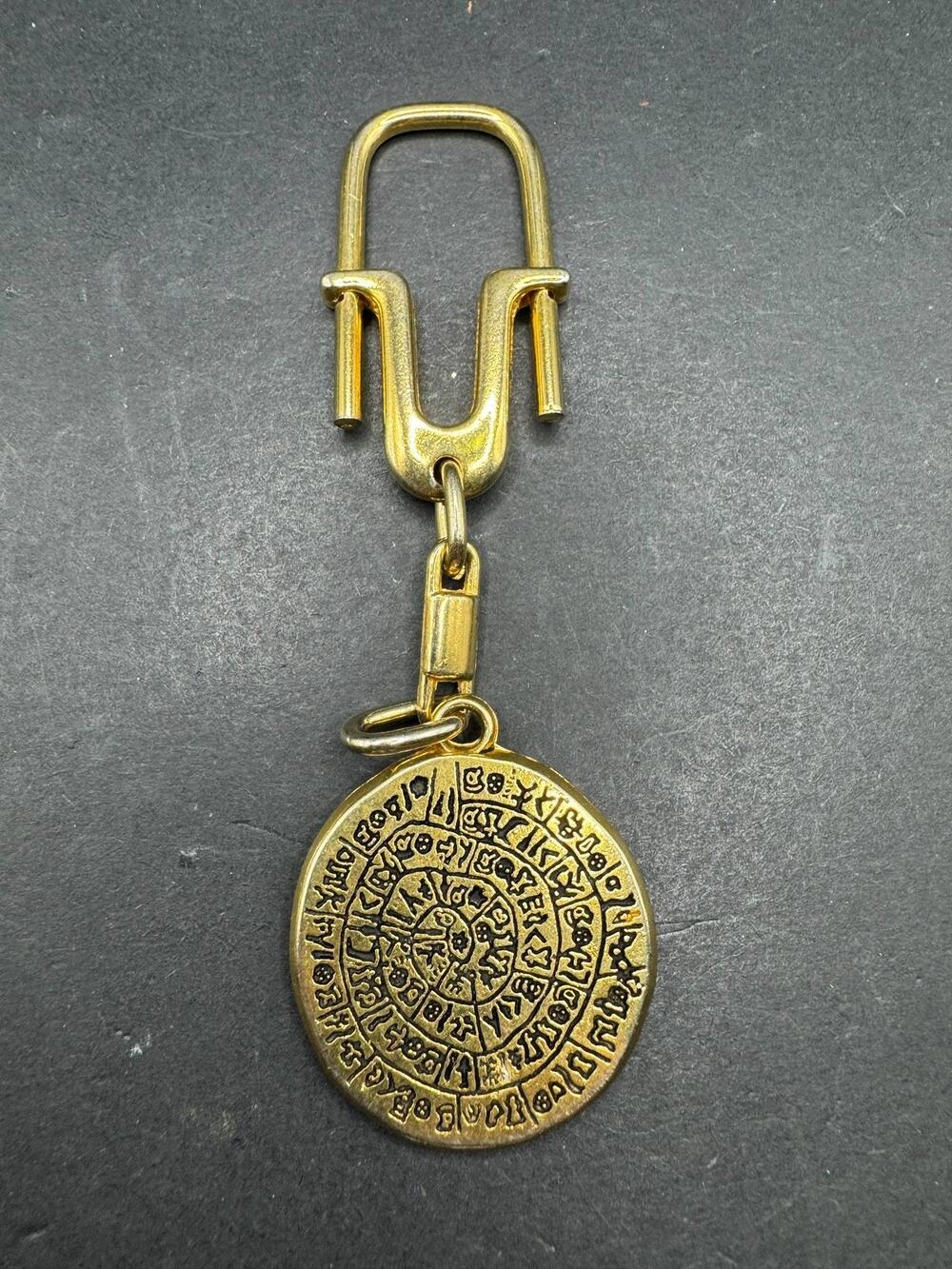 Gold Tone Phaistos Disc Design Keychain Greek Artifact Inspired Metal Fob